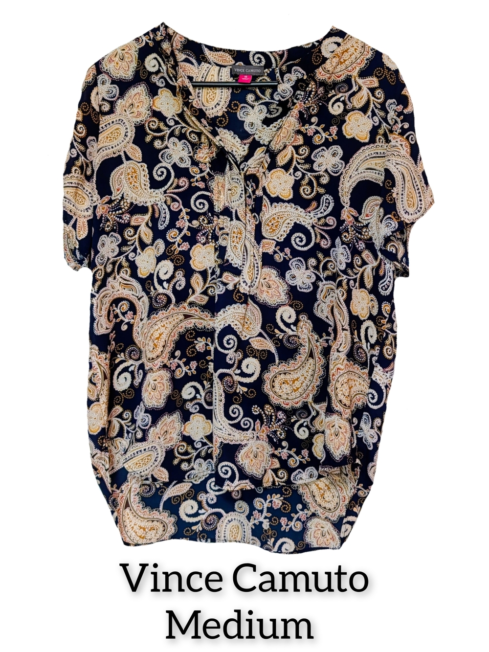 Vince Camuto Navy Paisley Short Sleeve Top with Cream and Tan Accents